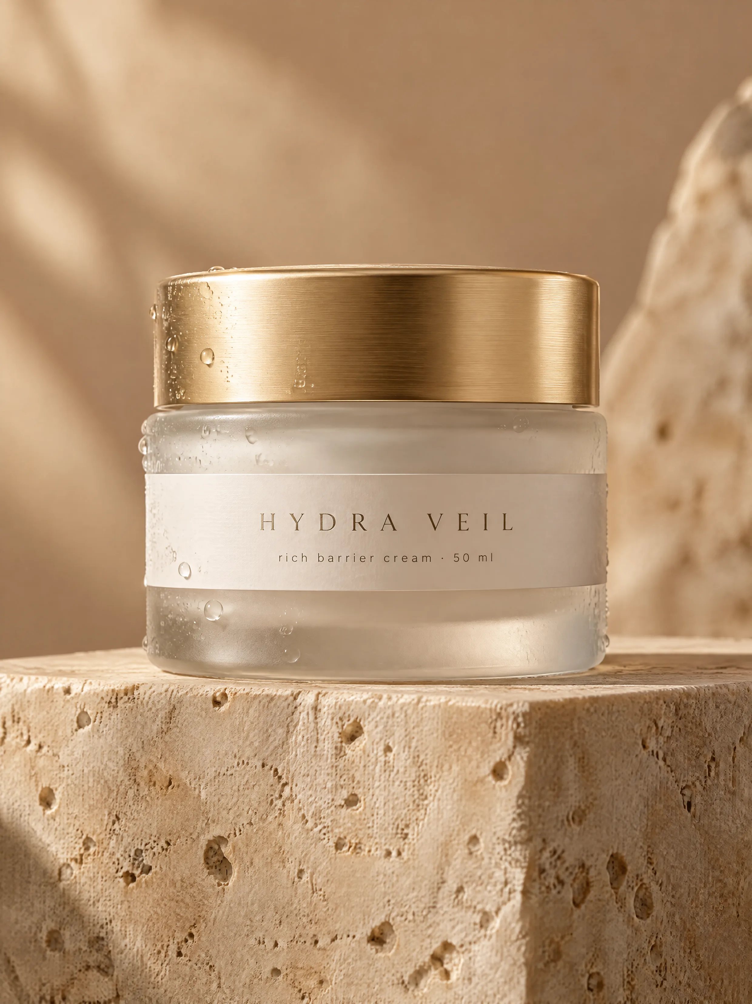 Frosted glass cream jar with gold lid on travertine pedestal