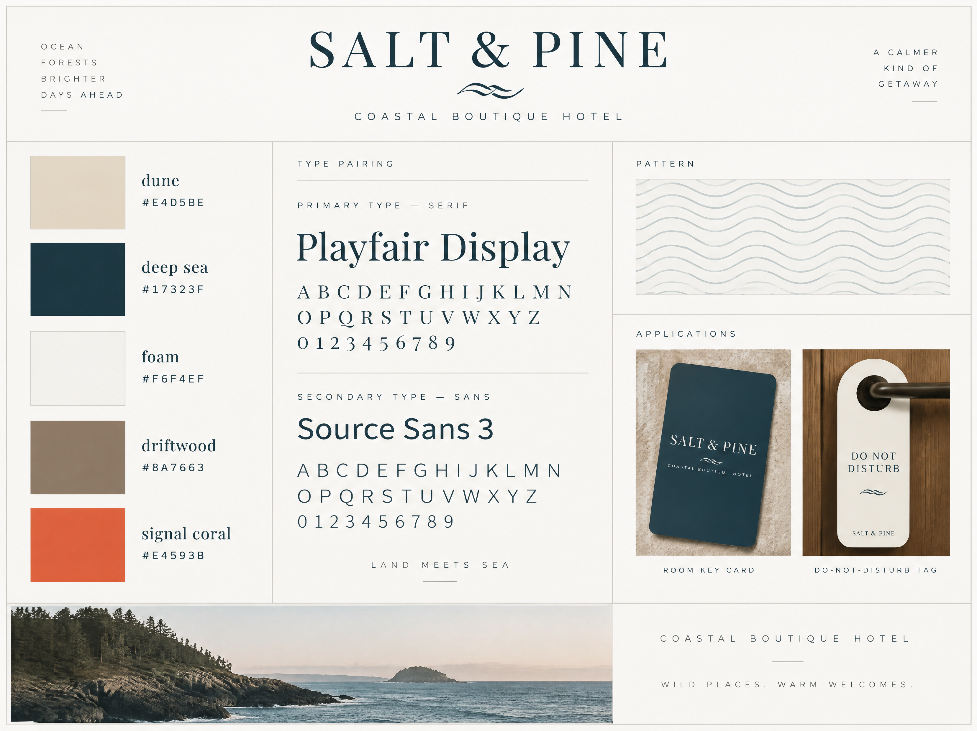 Coastal hotel brand board with color chips and type pairing