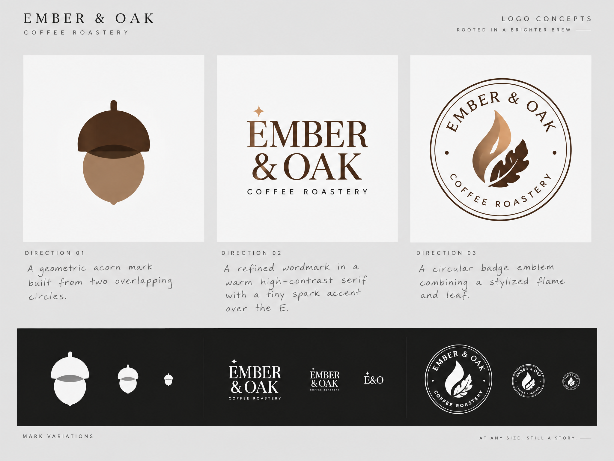 Three coffee roastery logo directions on white concept cards