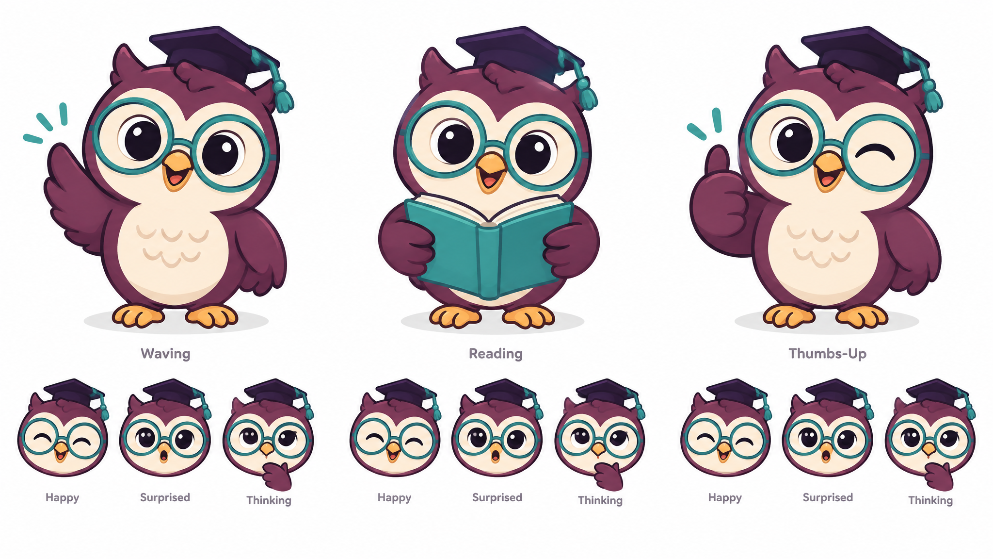 Cheerful owl mascot sheet in three poses with expression strip