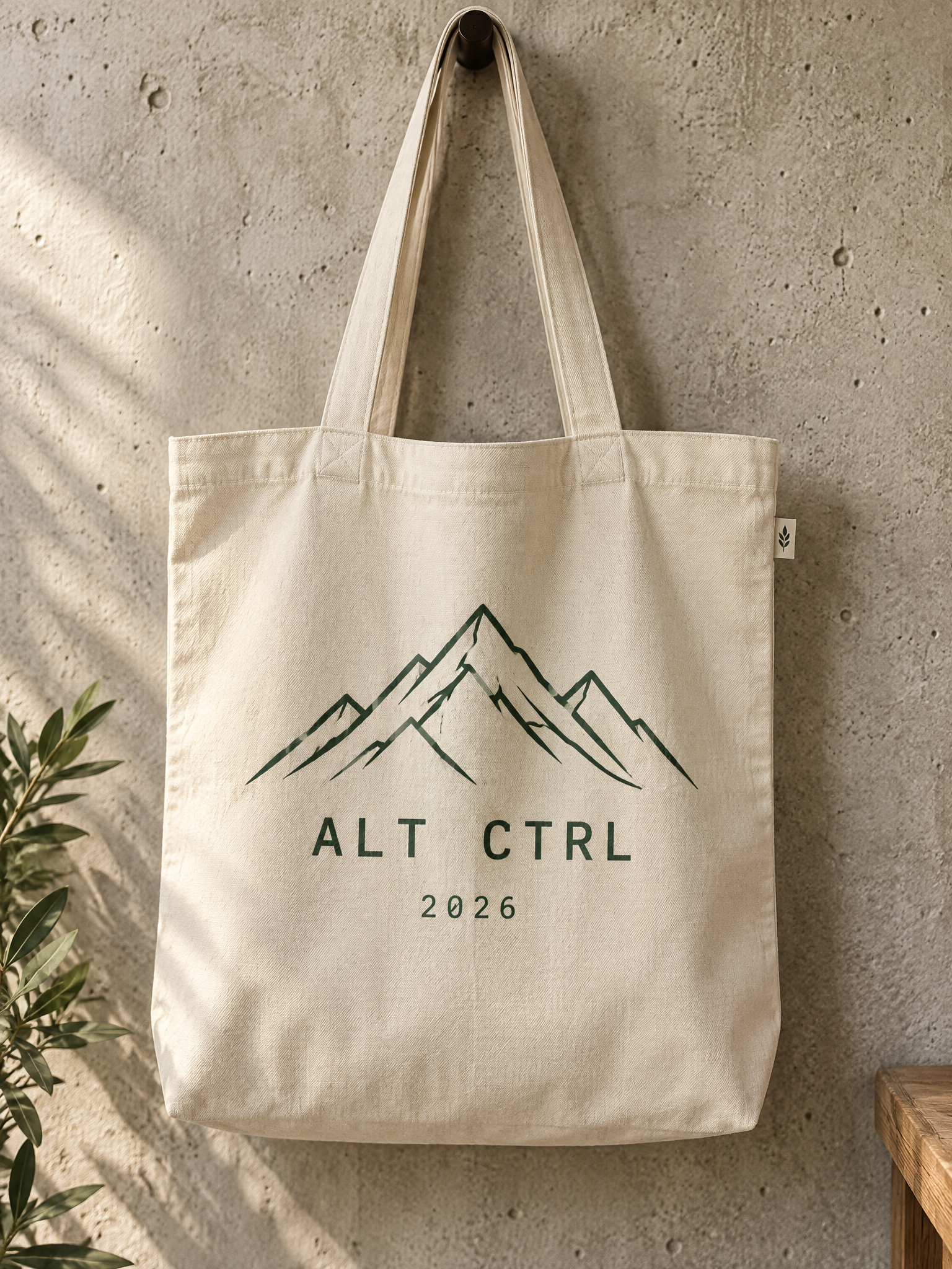 Canvas tote with a mountain line print hanging on concrete