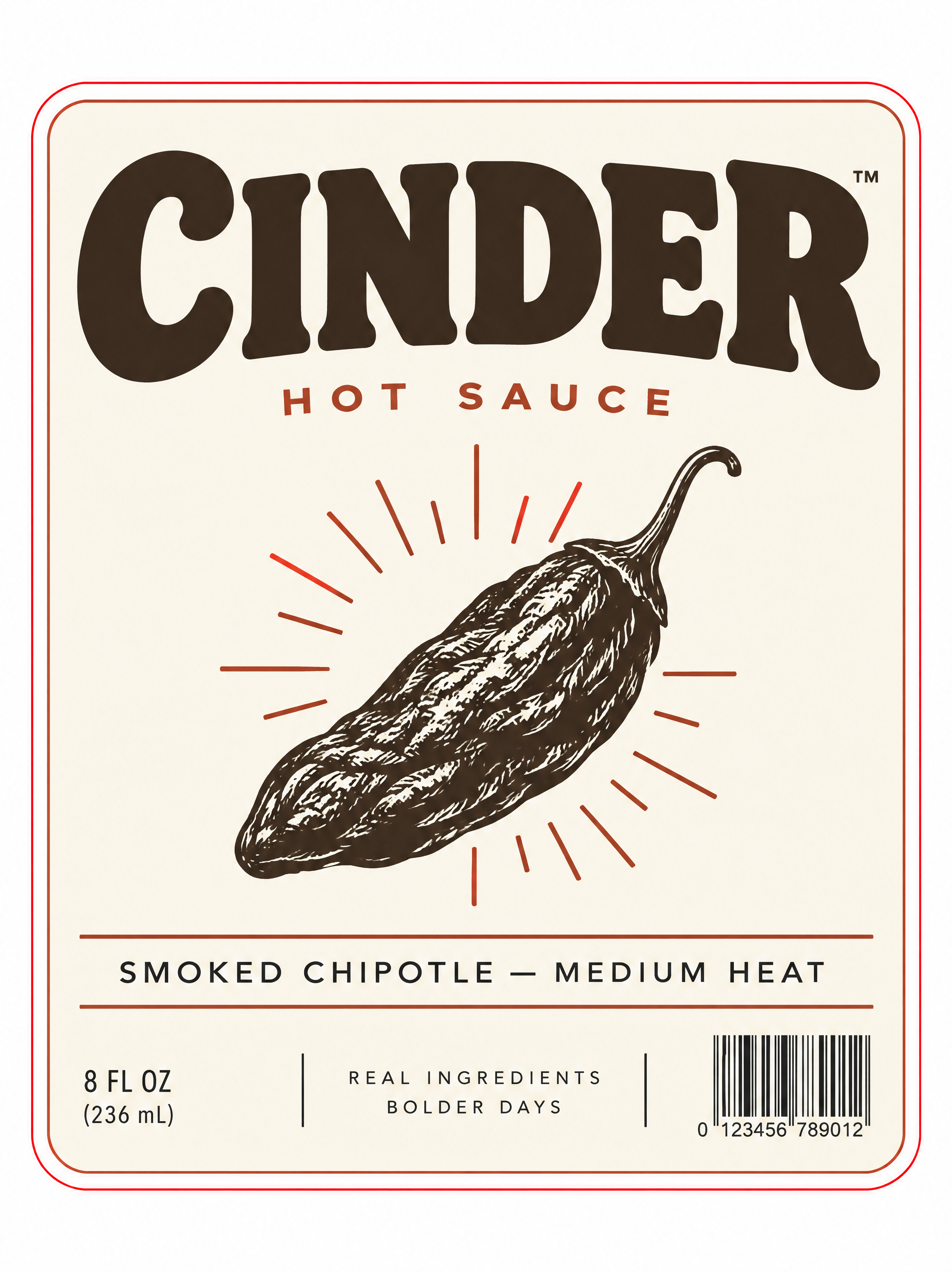 Hot sauce label artwork with chunky serif and woodcut chili