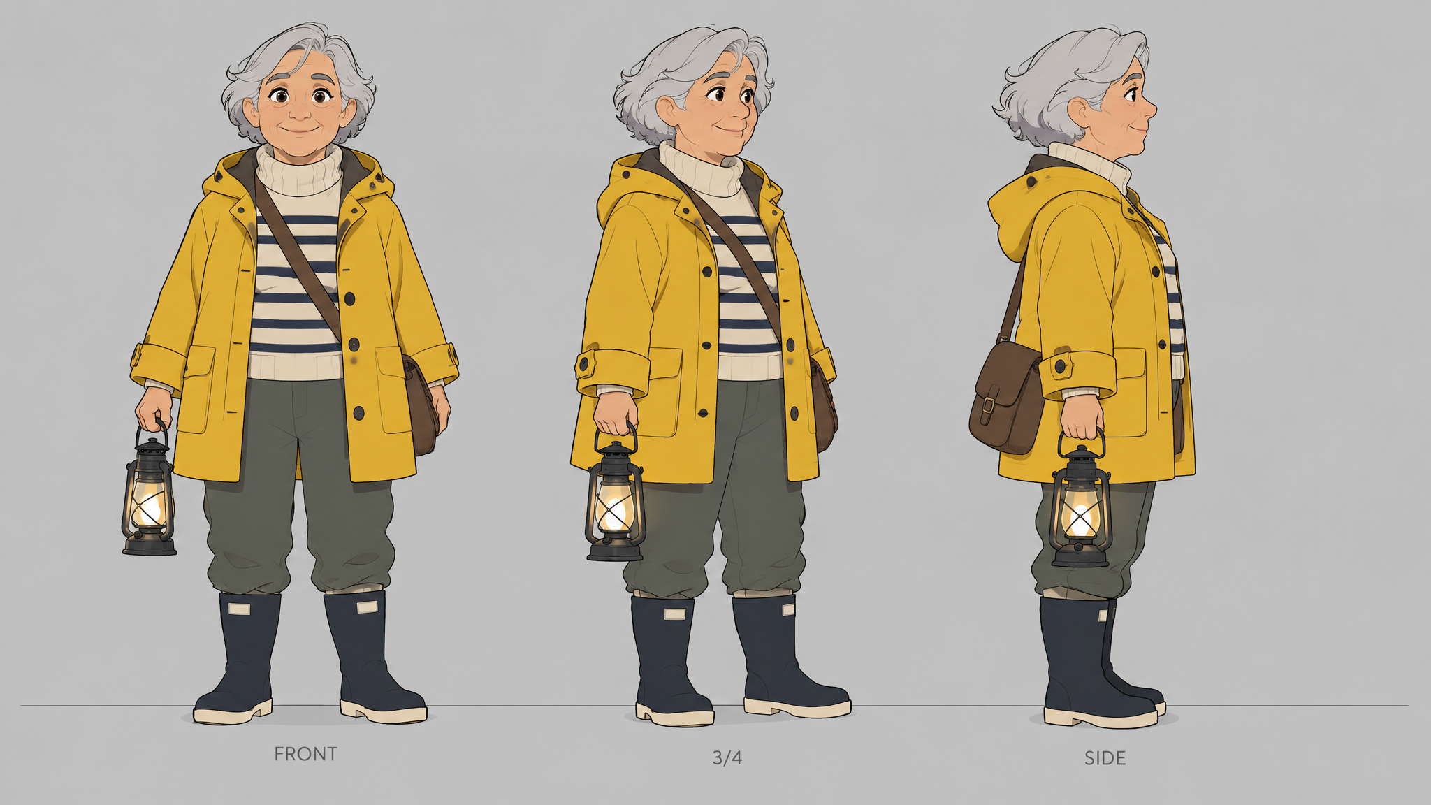 Lighthouse keeper character turnaround in three views