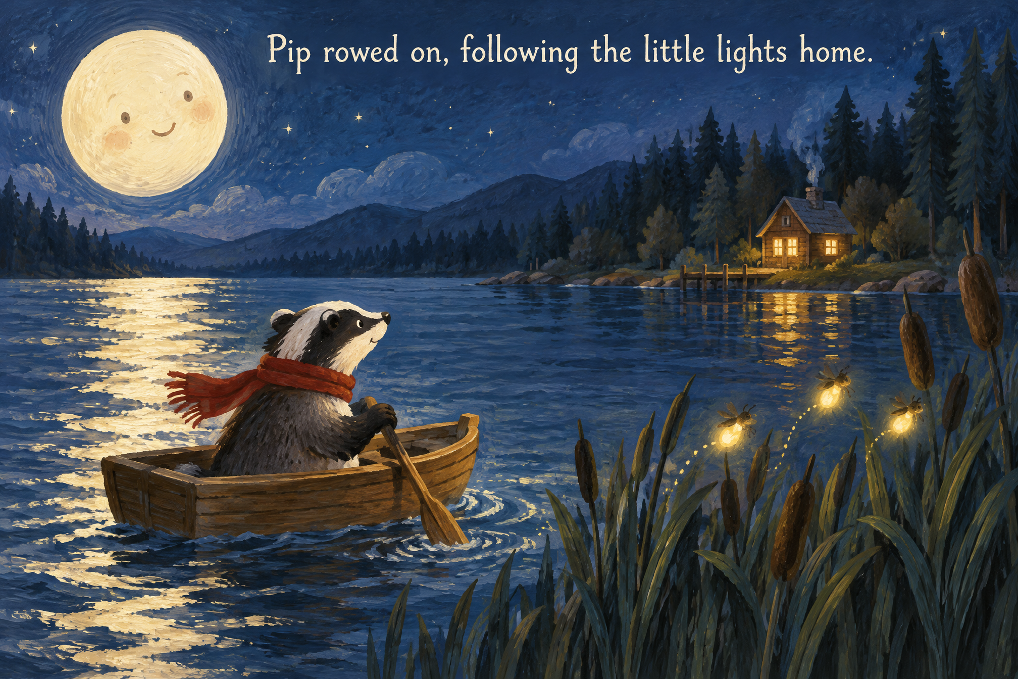 Badger rowing a moonlit lake in a gouache children spread