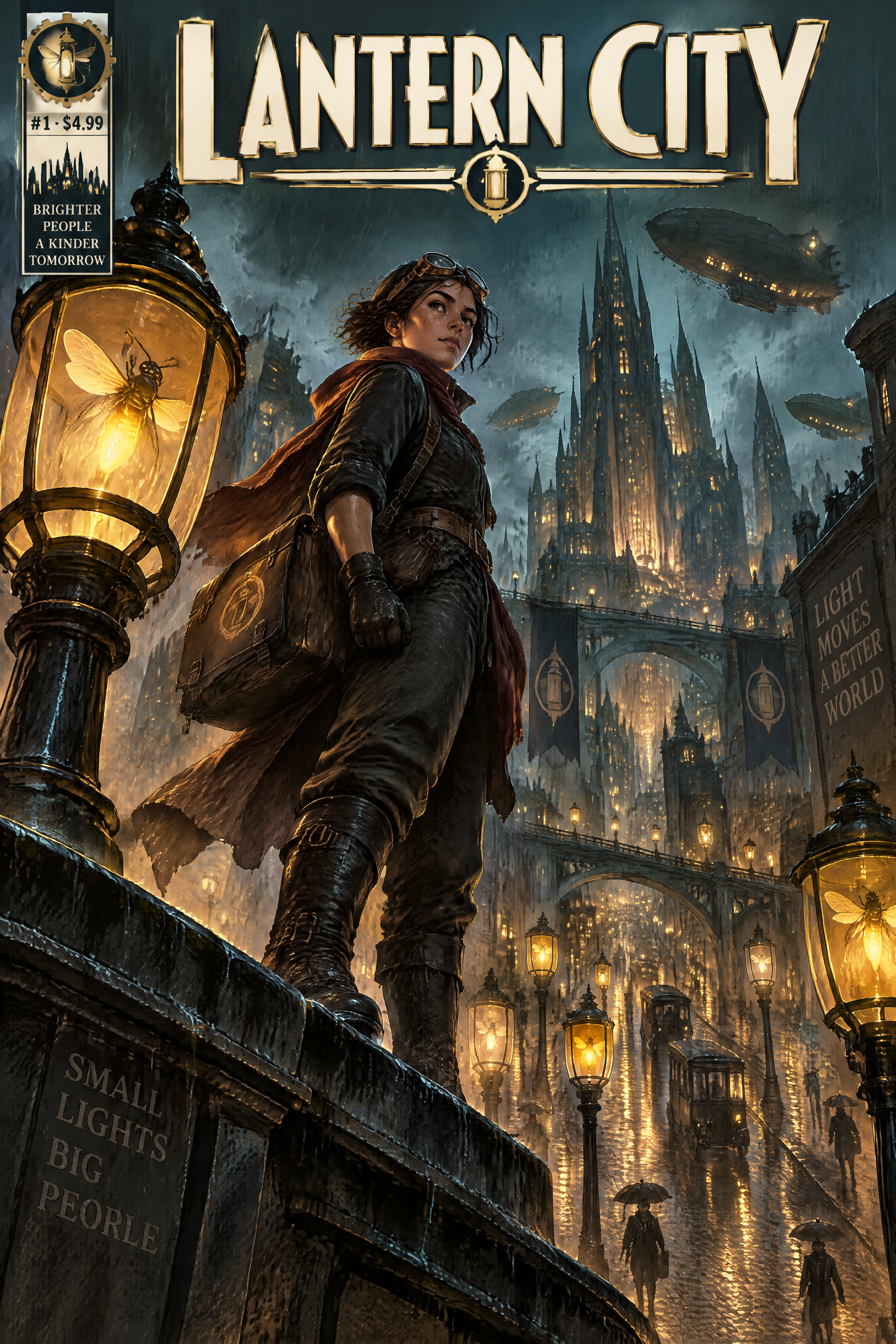 Lantern City comic cover with firefly streetlamps on wet cobblestones