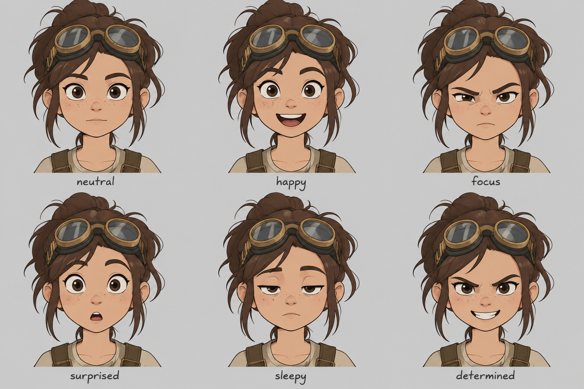 Six expressions of a young inventor girl with goggles