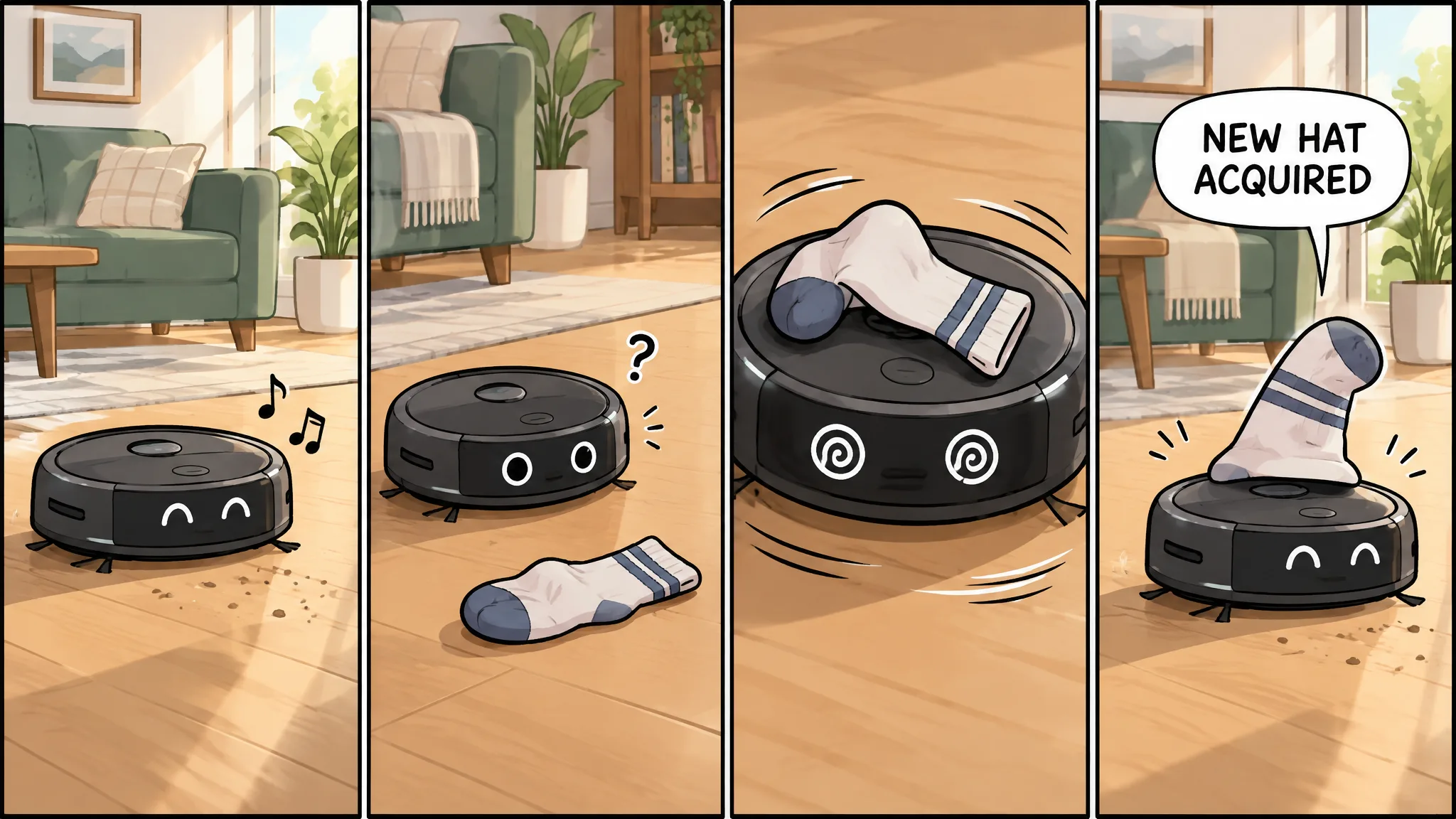 Four-panel webcomic of a robot vacuum wearing a sock as a hat