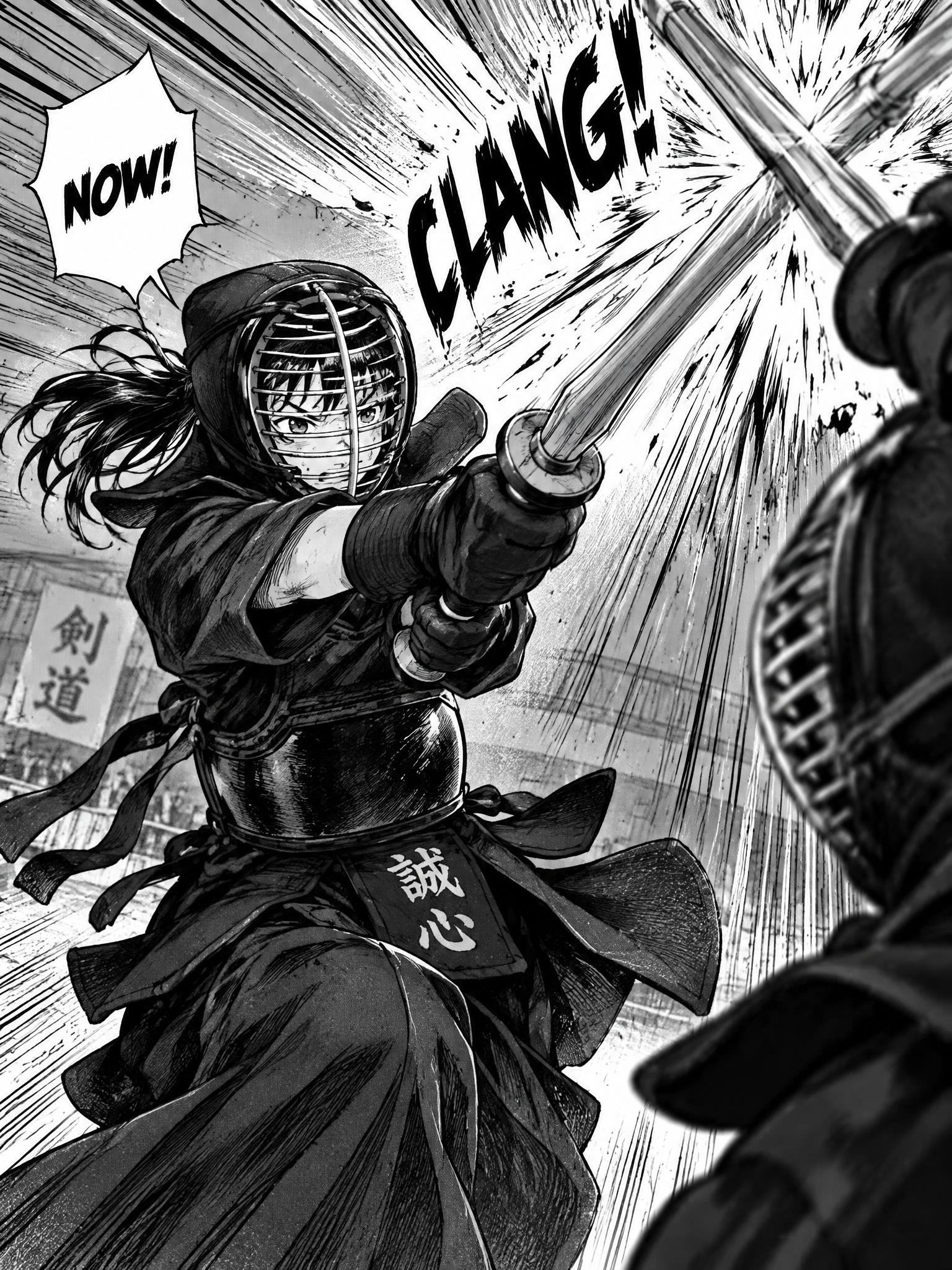 GPT Image 2.5 Sunburst example of a manga kendo action panel
