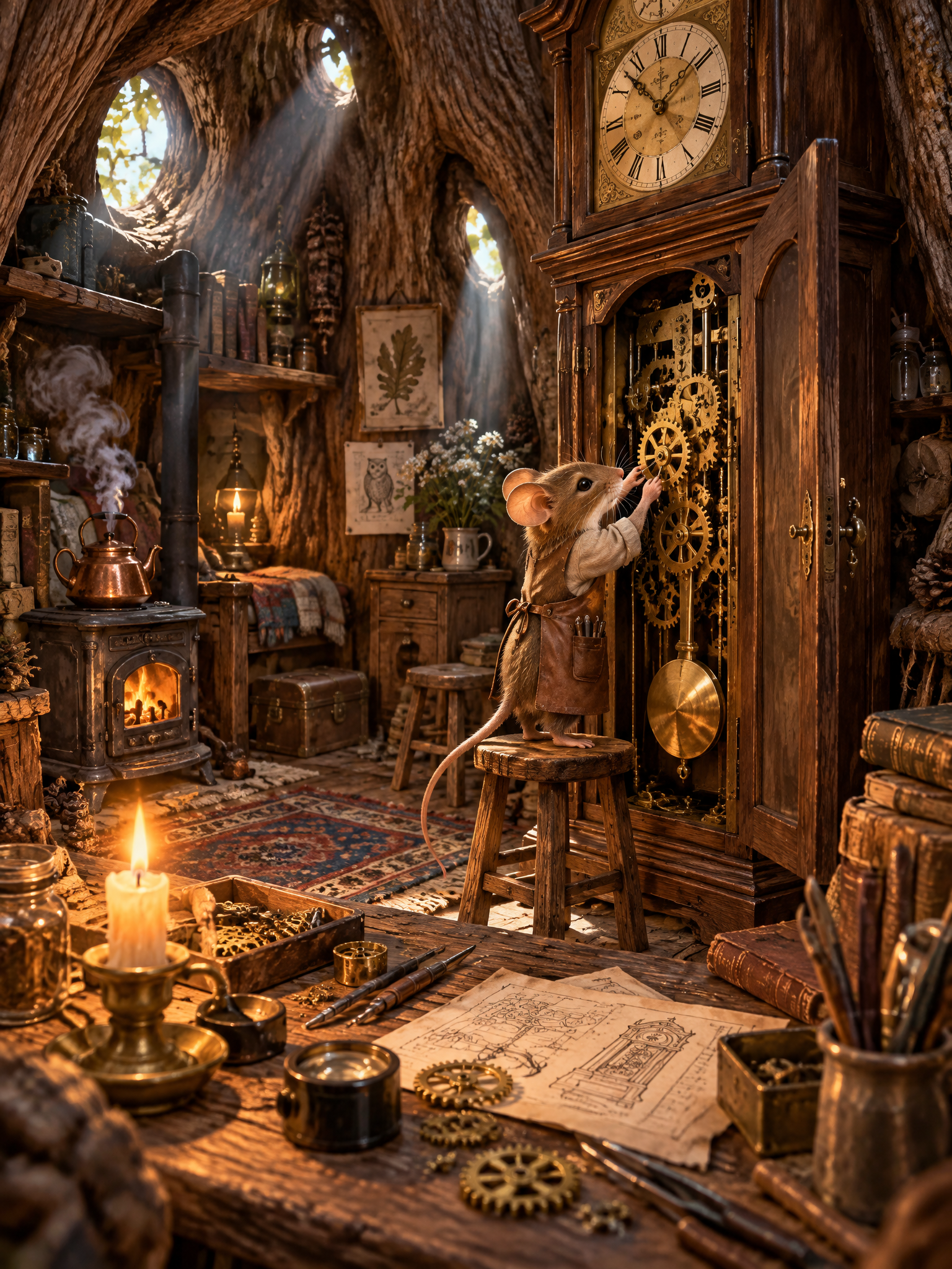 Mouse clockmaker working inside a hollow oak workshop