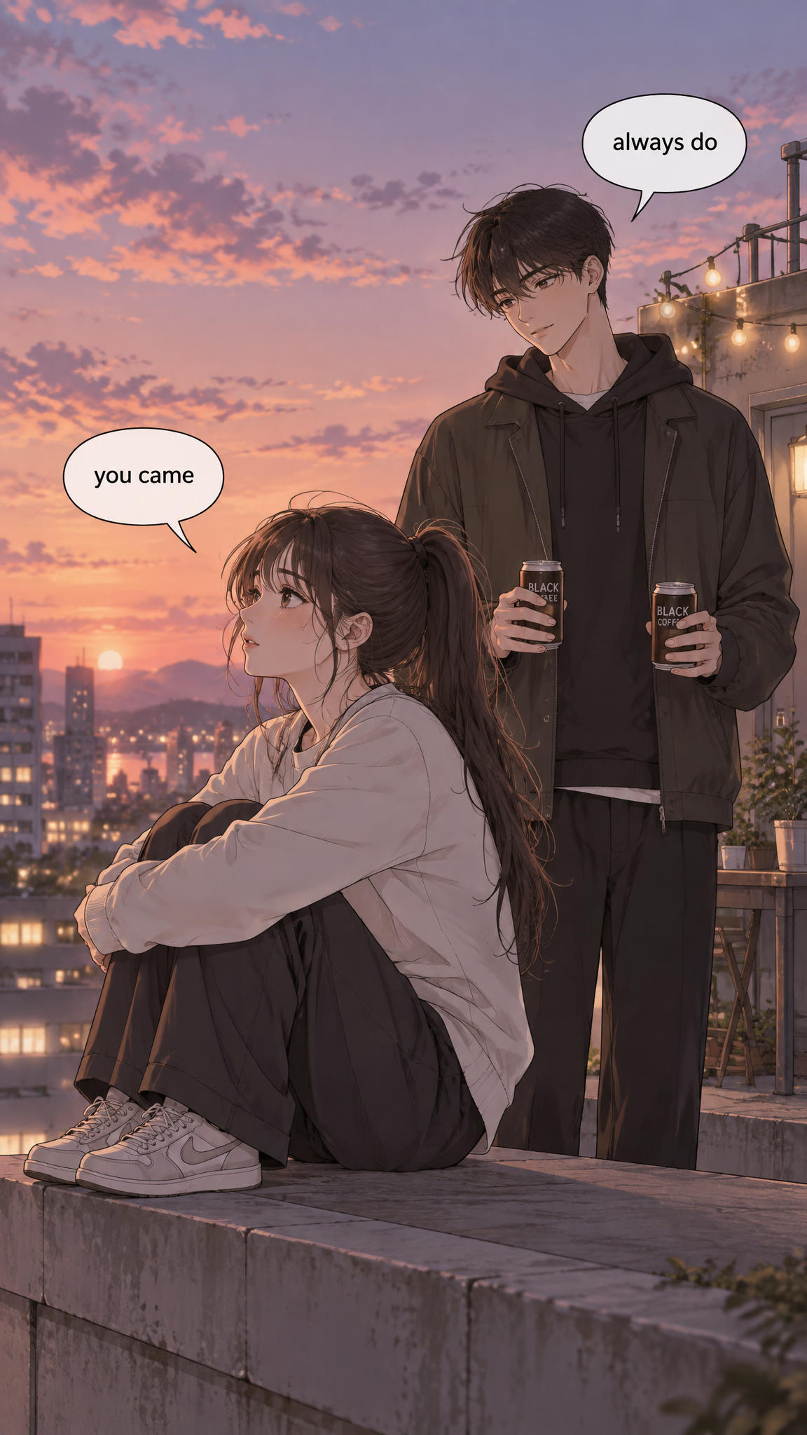 Rooftop webtoon scene with two students and a peach dusk sky