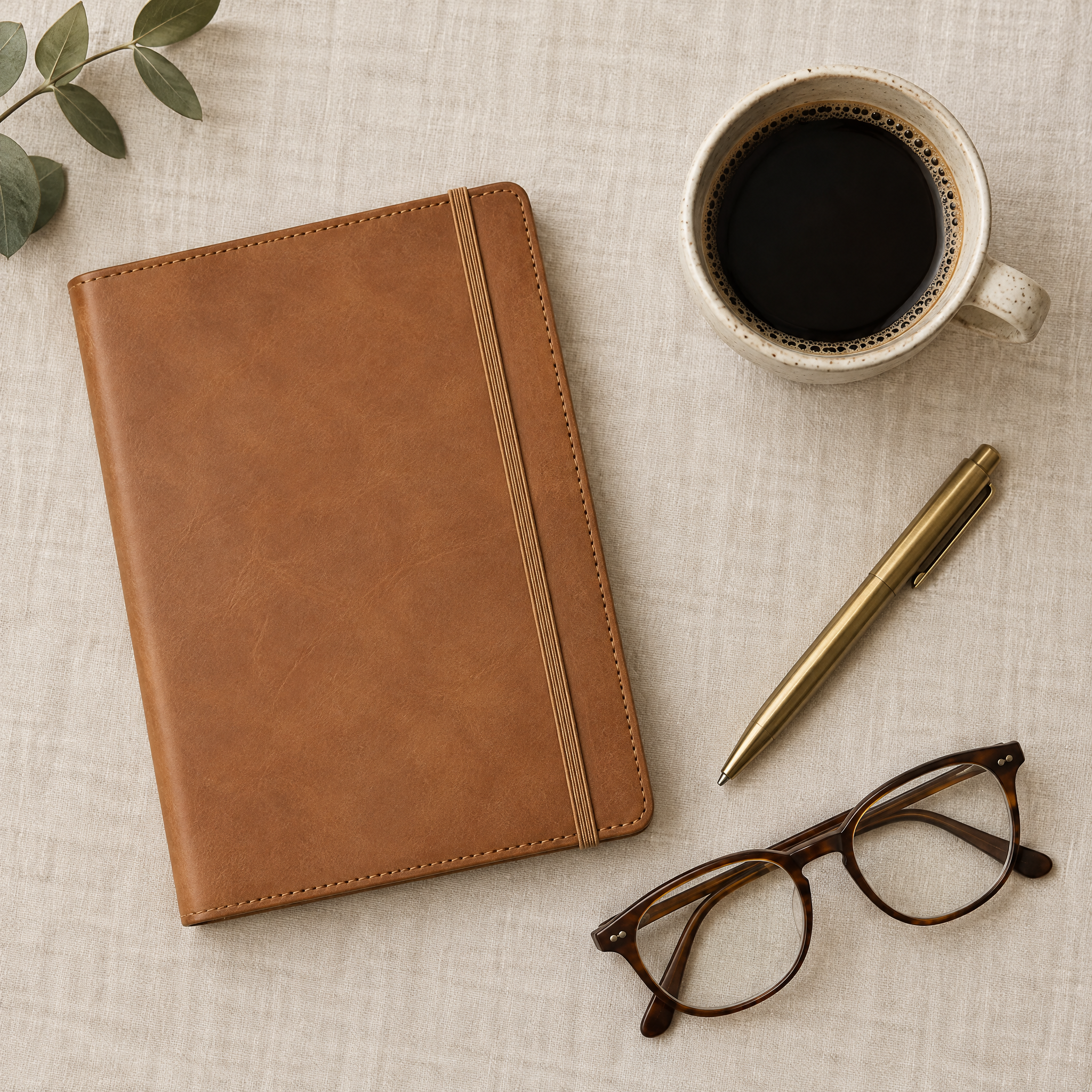 Flat lay of tan leather notebook, brass pen and reading glasses on linen