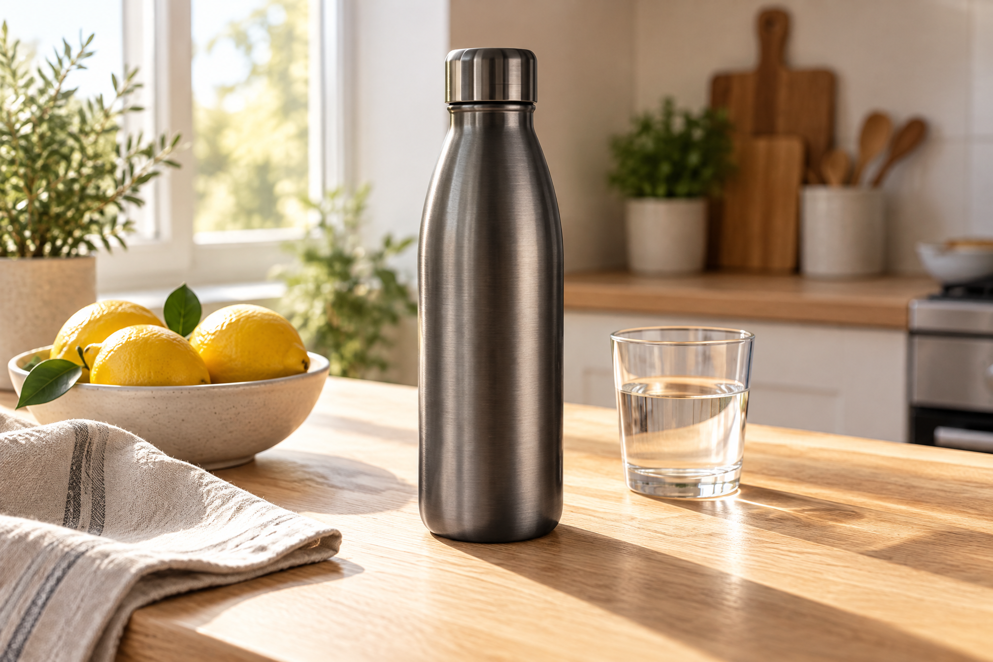 Stainless steel insulated water bottle on a sunlit oak kitchen counter