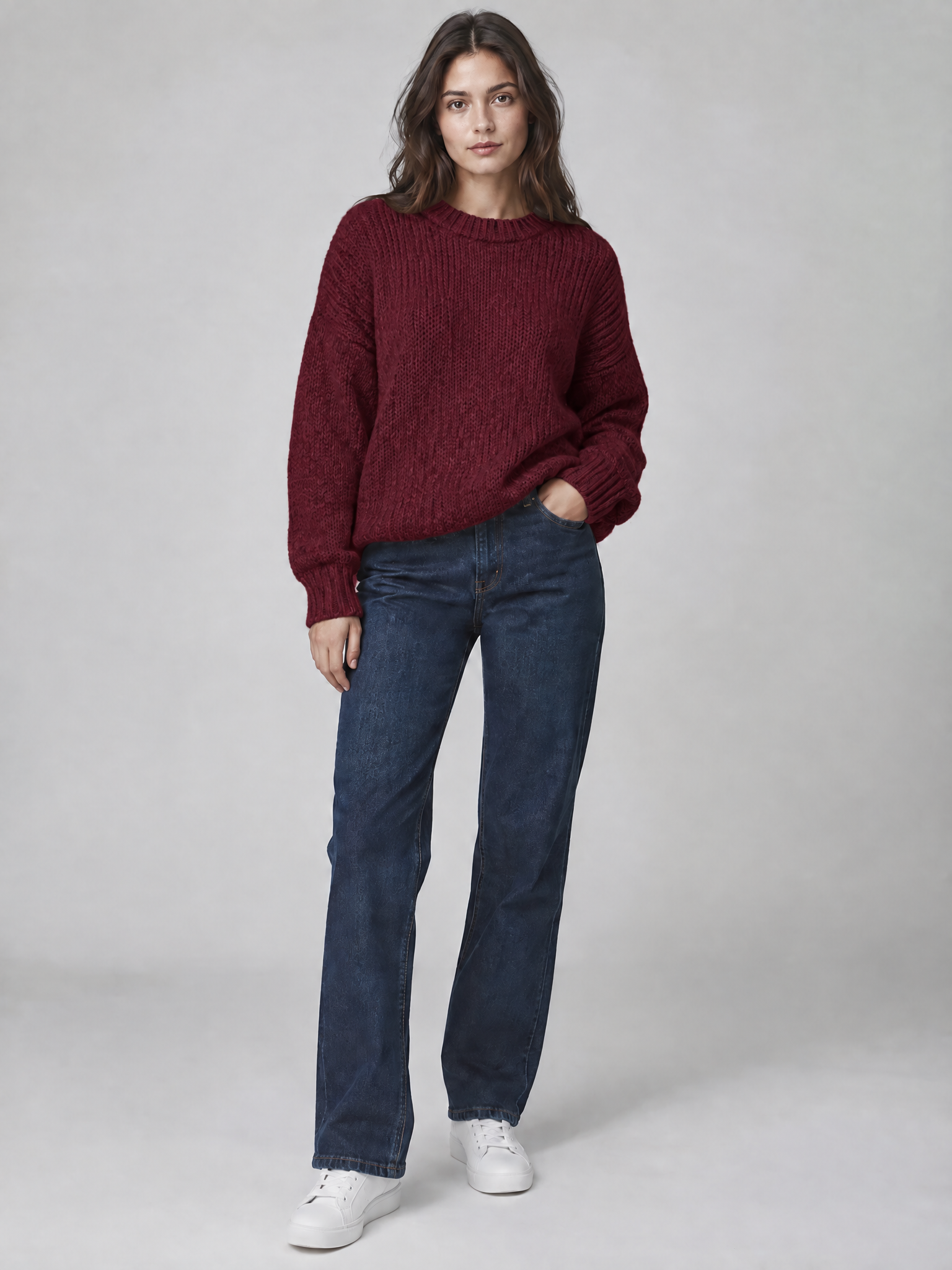 Model's gray sweater recolored to deep burgundy with pose and lighting kept
