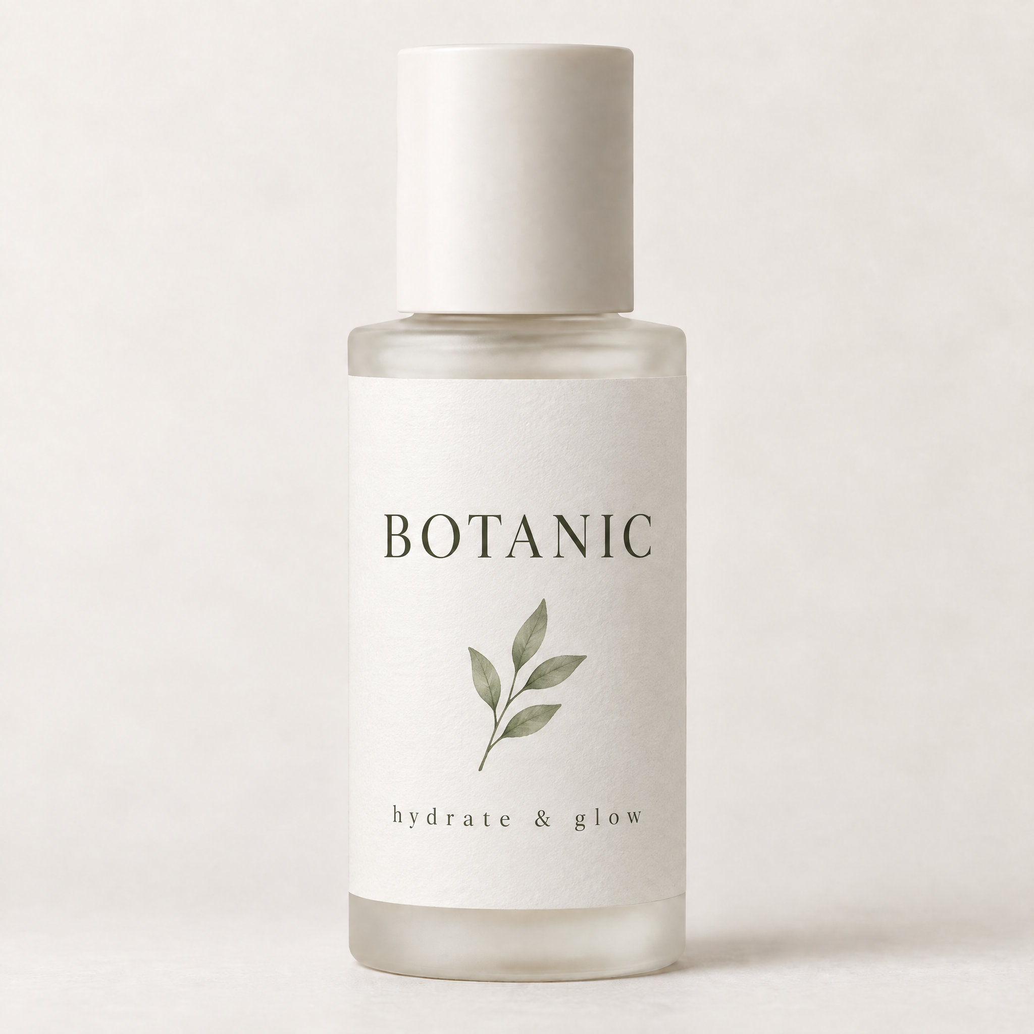 Cosmetic bottle relabeled with a minimalist serif BOTANIC design