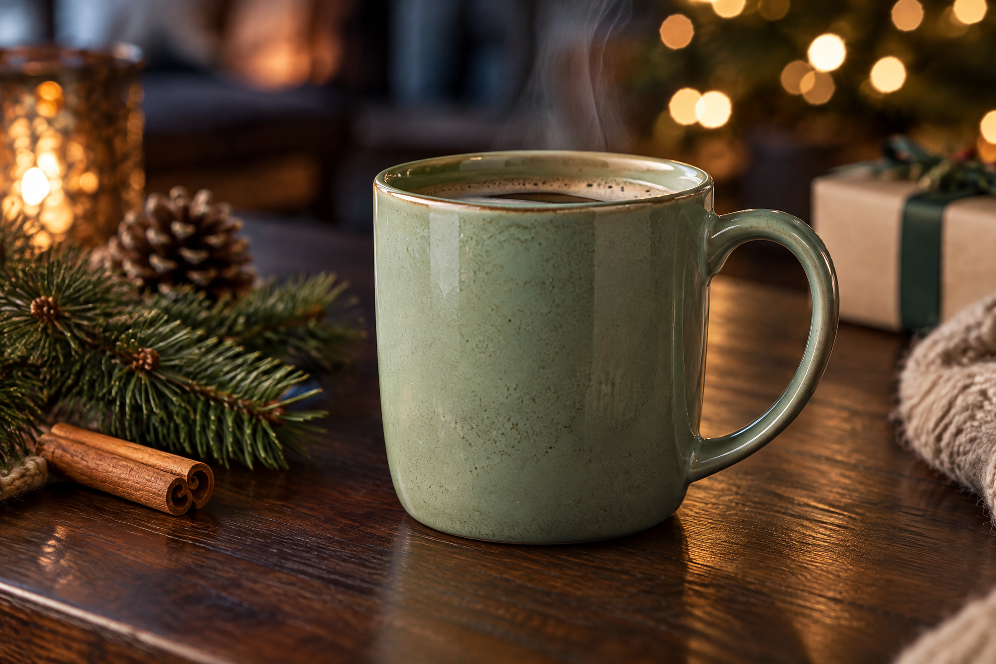 Sage green mug staged with pine branch and warm fairy-light bokeh