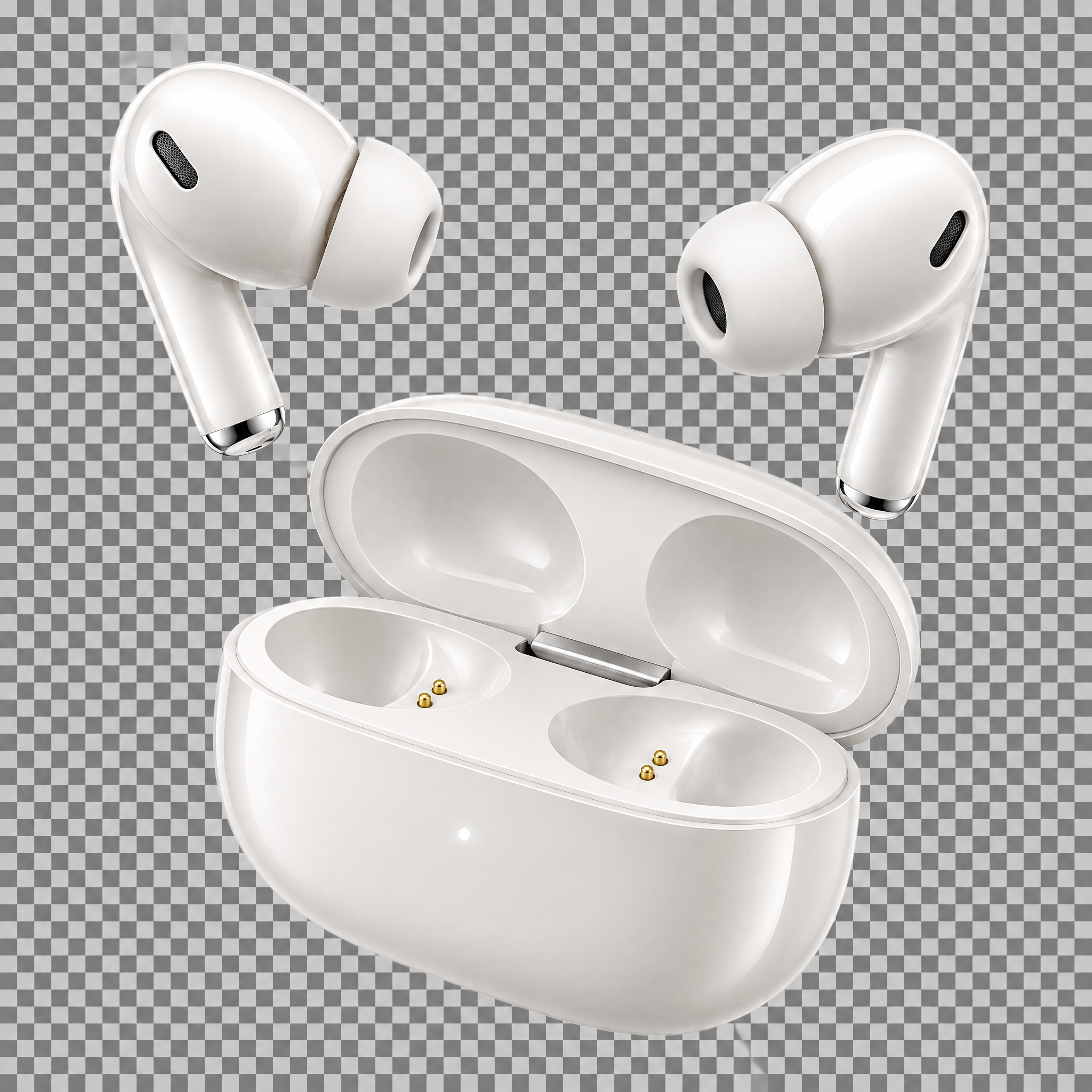 Pearl white wireless earbuds with charging case isolated on transparency
