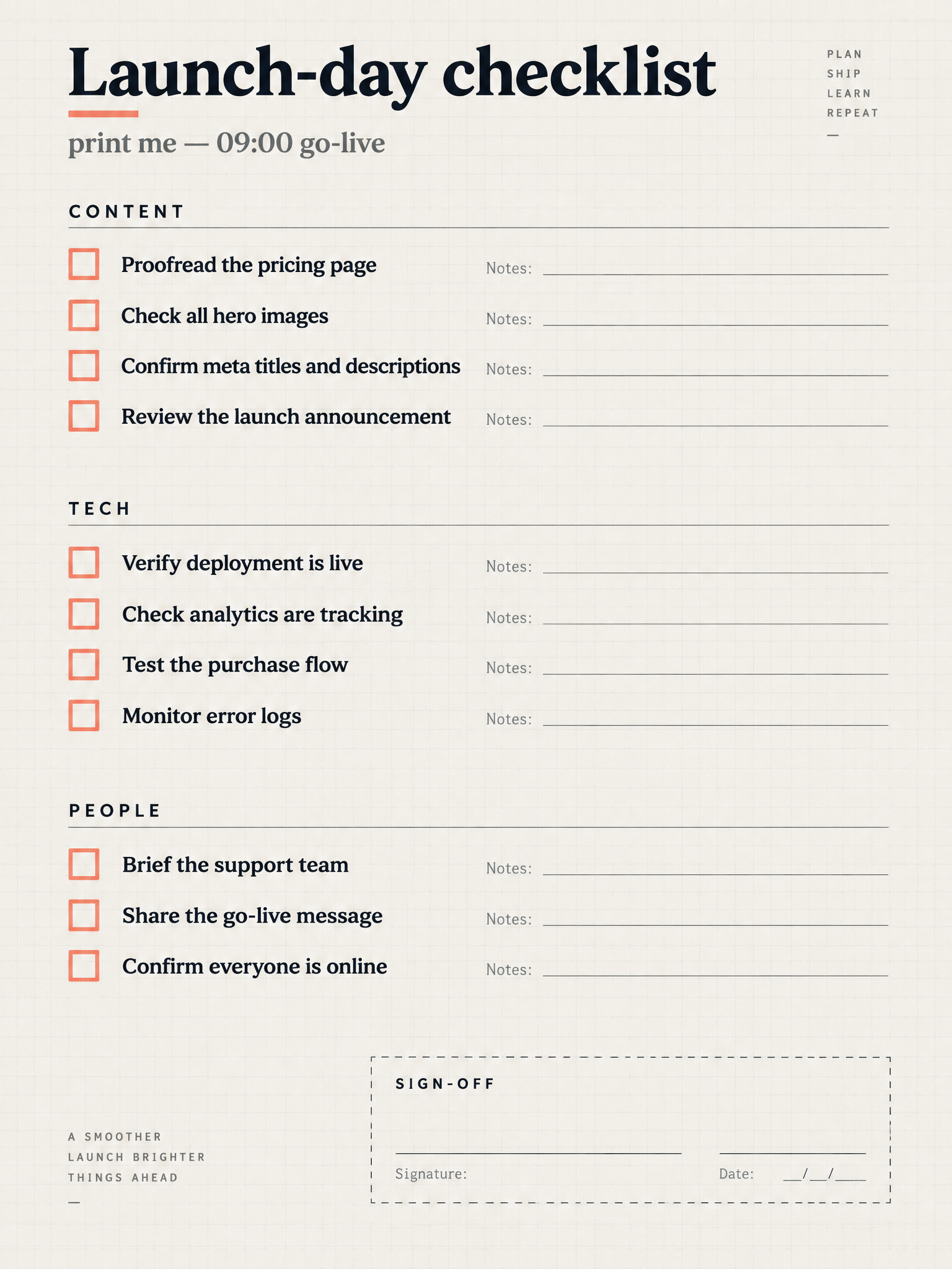 Launch-day checklist poster with checkbox rows and a signature box