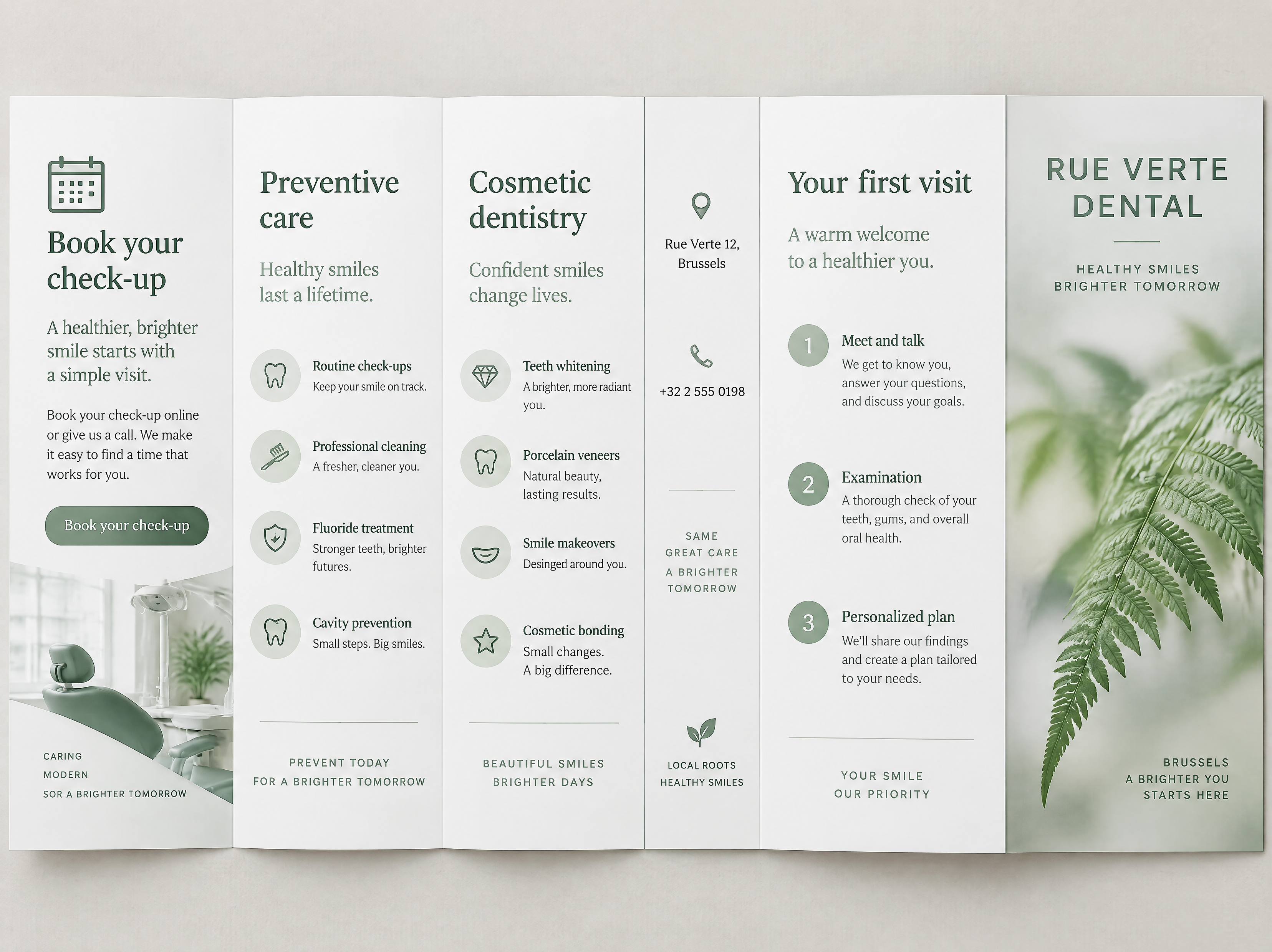 Opened dental clinic tri-fold brochure with six panels
