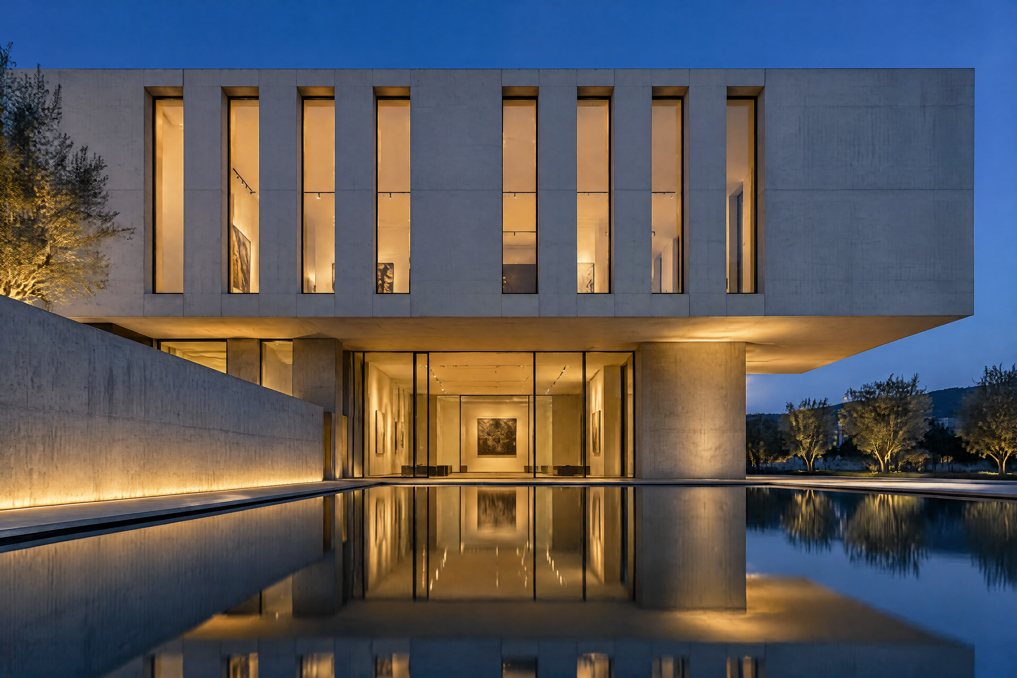 GPT Image 2.5 Sunburst example of a concrete gallery at blue hour