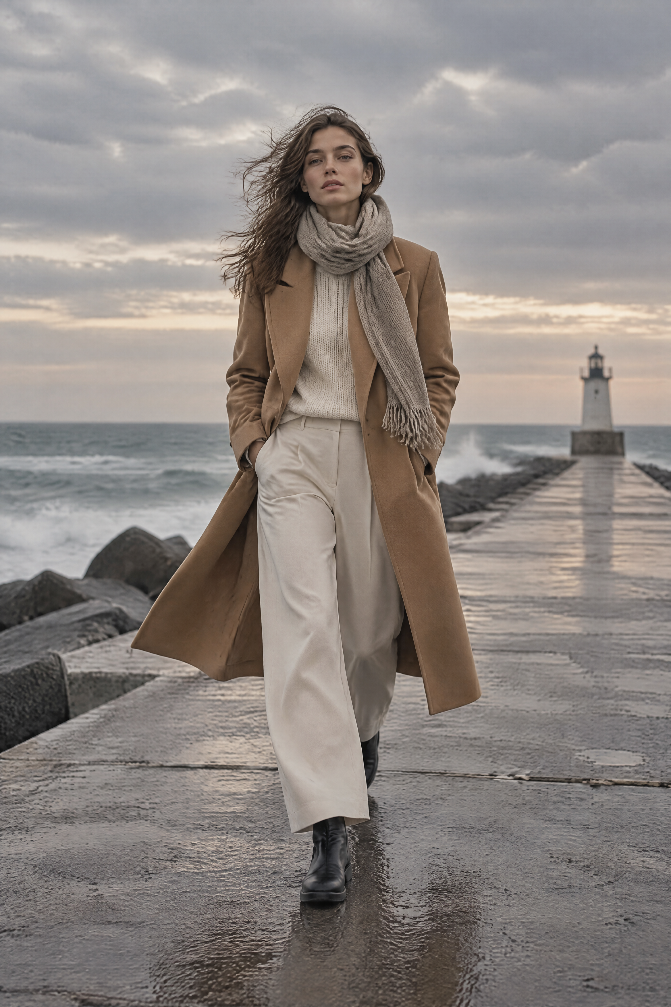 Camel wool coat lookbook shot on a windswept jetty at dusk