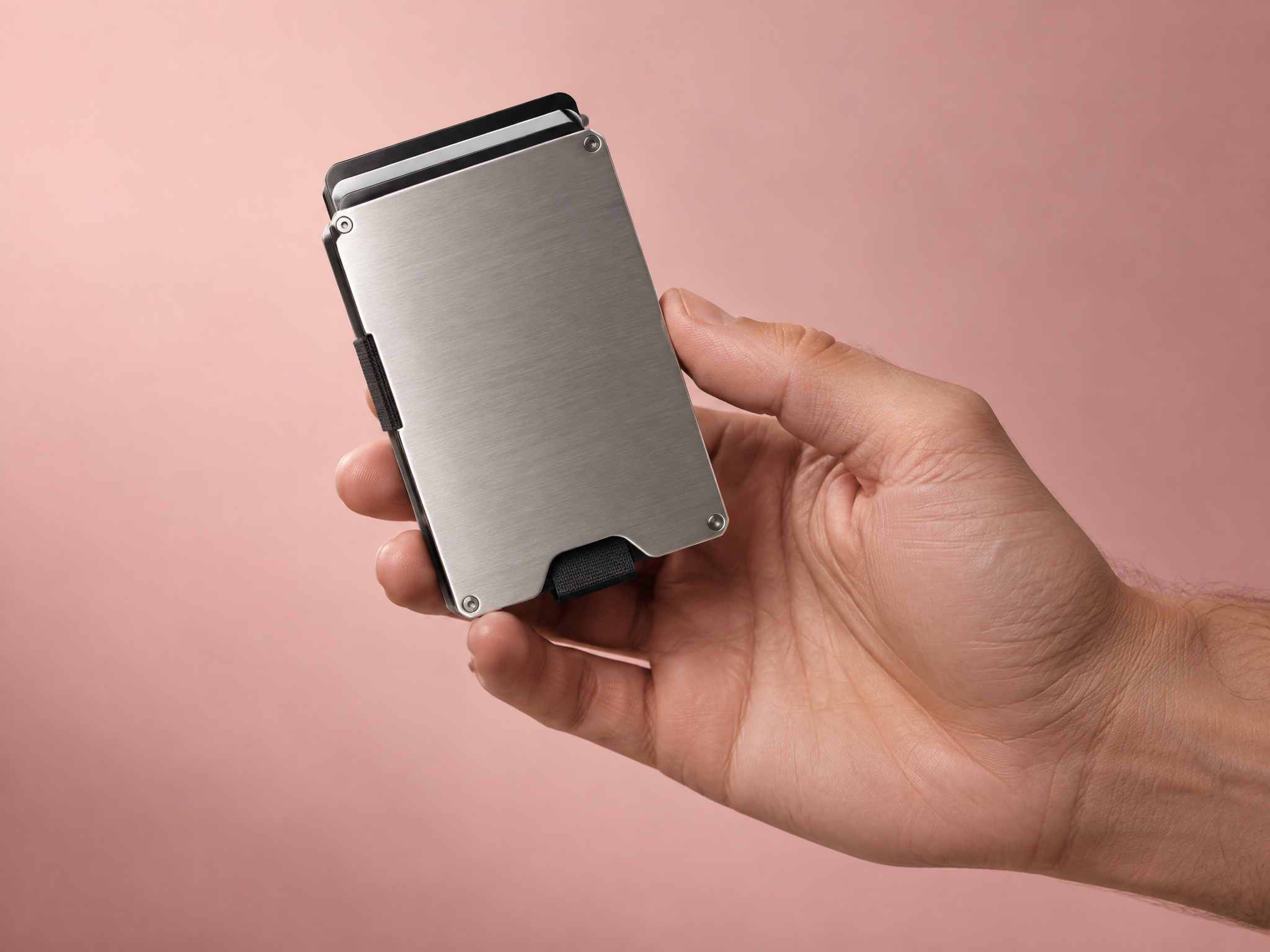 Hand holding a titanium travel wallet against a blush backdrop