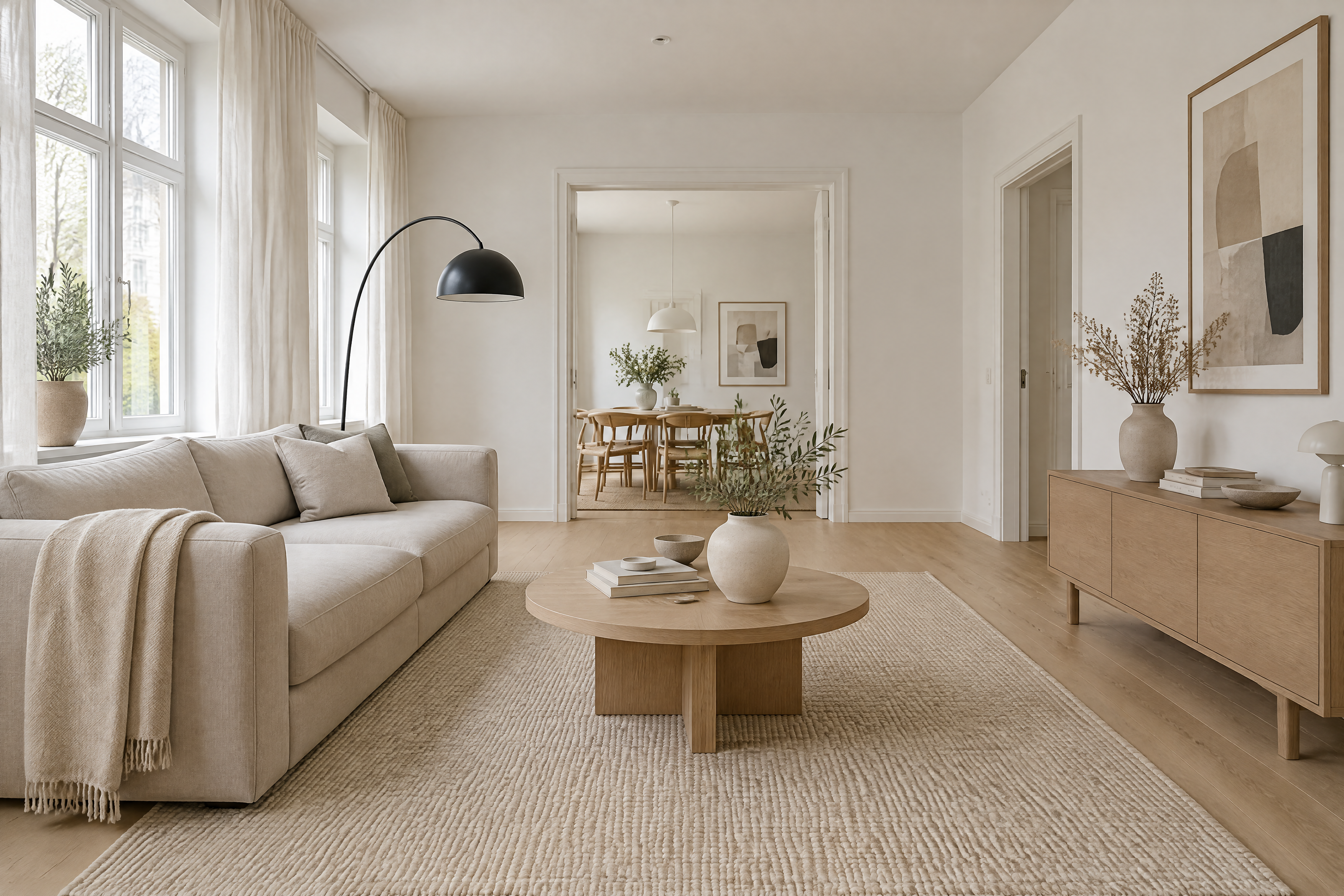Scandinavian living room with linen sofa and arc floor lamp