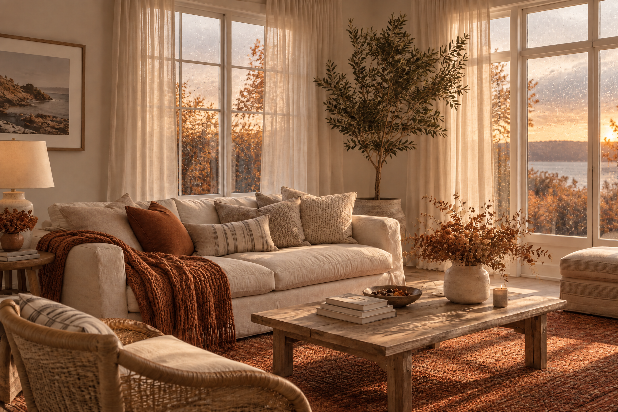 Living room transformed from summer to late autumn light