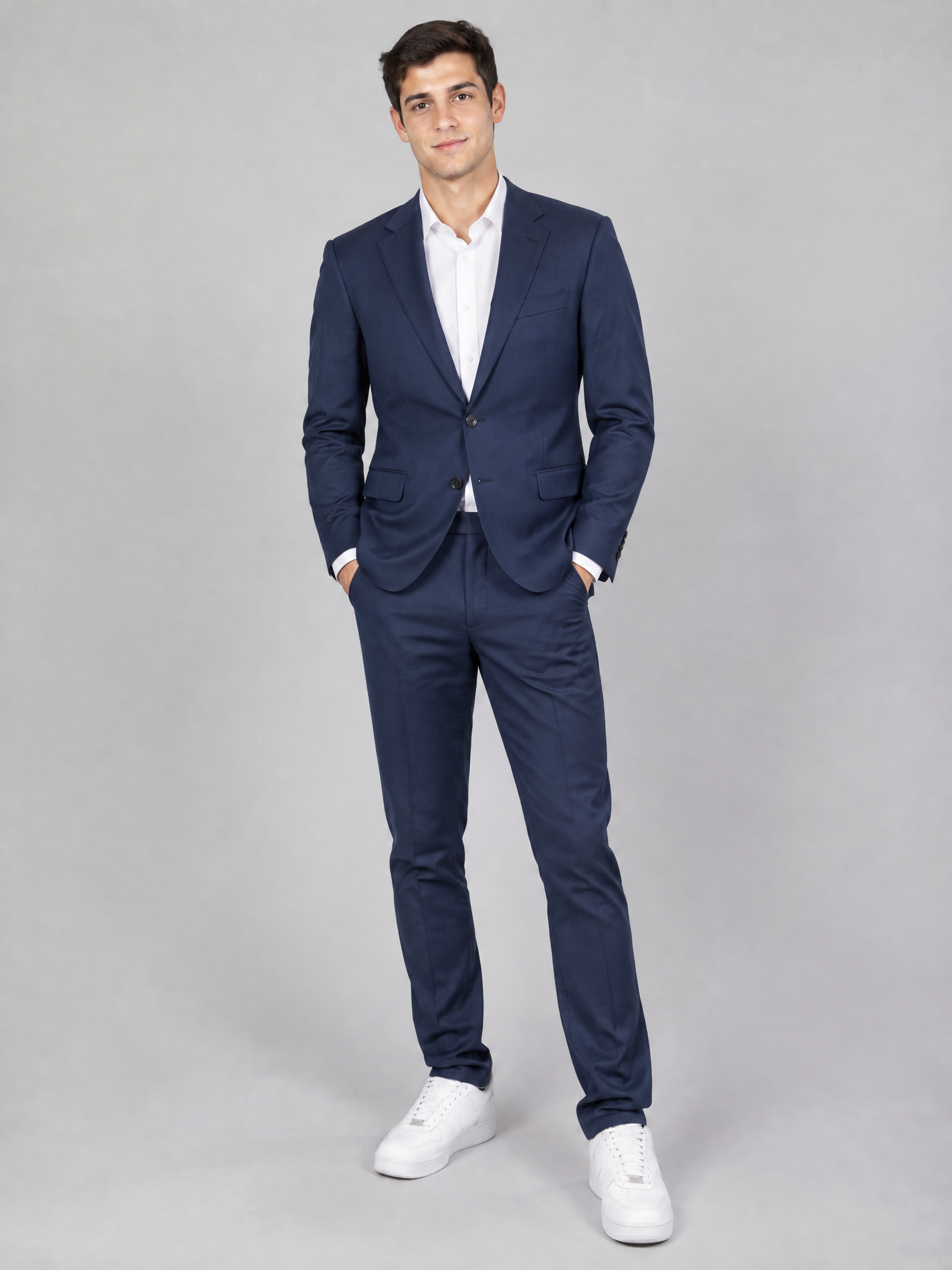 Casual outfit replaced with a midnight-blue suit, pose identical