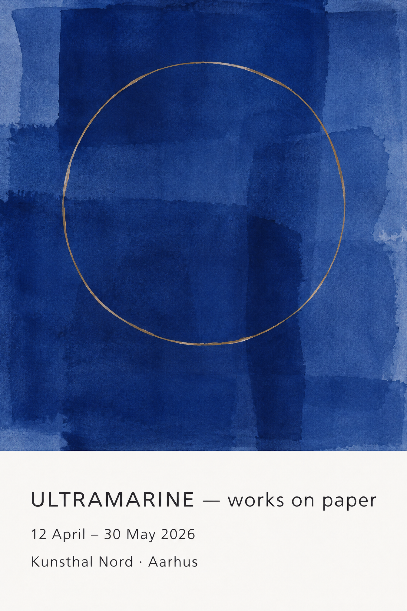 Minimal gallery poster with layered ultramarine wash artwork