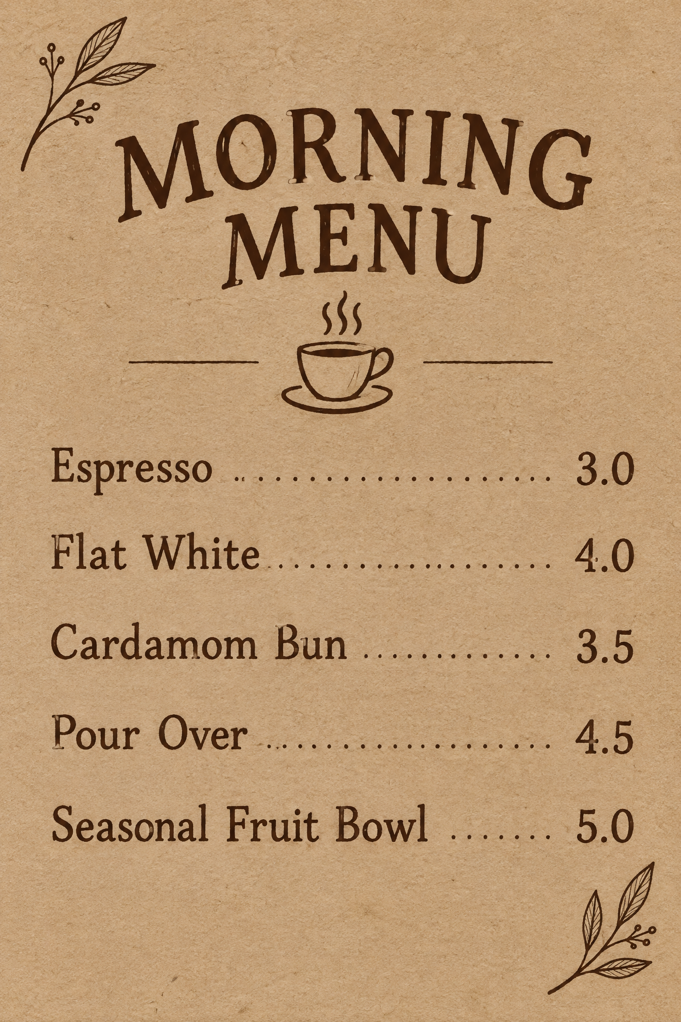 Kraft paper cafe menu poster with dotted price leaders