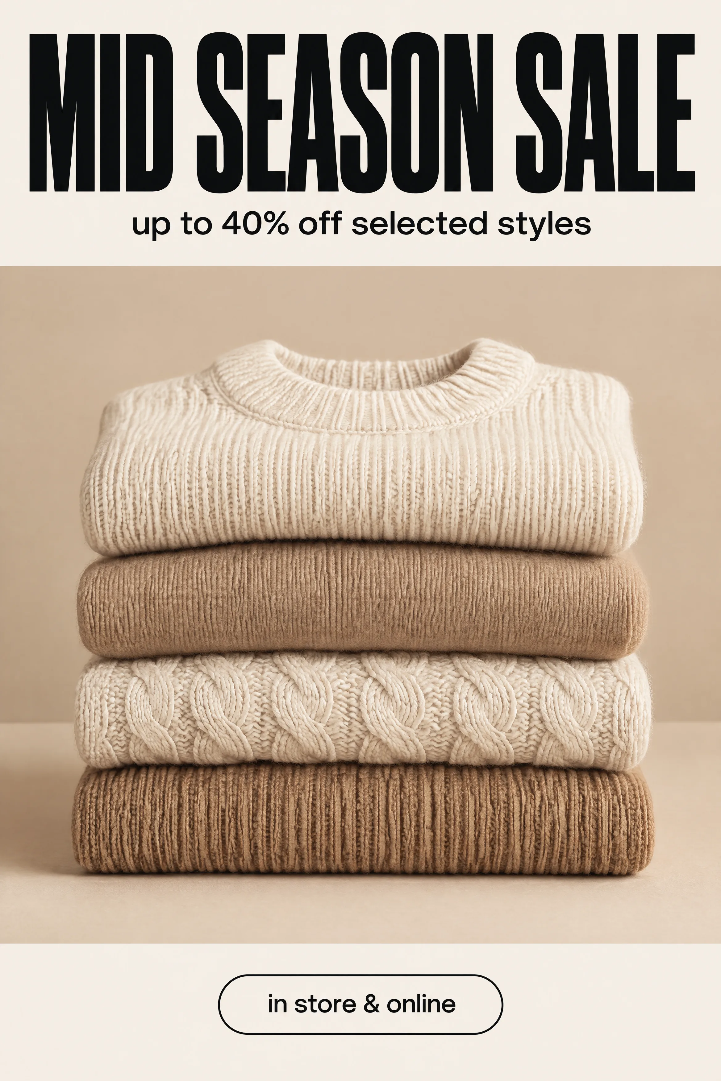 Bold Swiss retail sale poster with stacked knitwear and condensed type