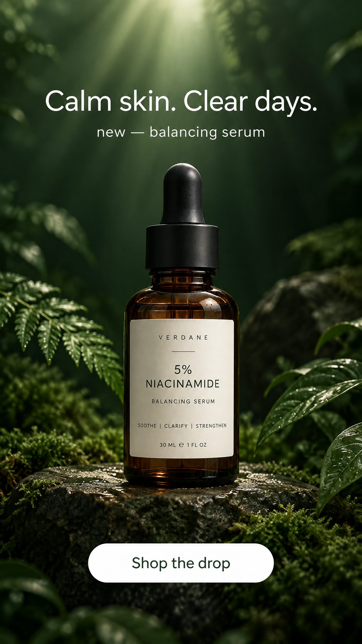 Vertical skincare story ad with an amber dropper bottle on forest green