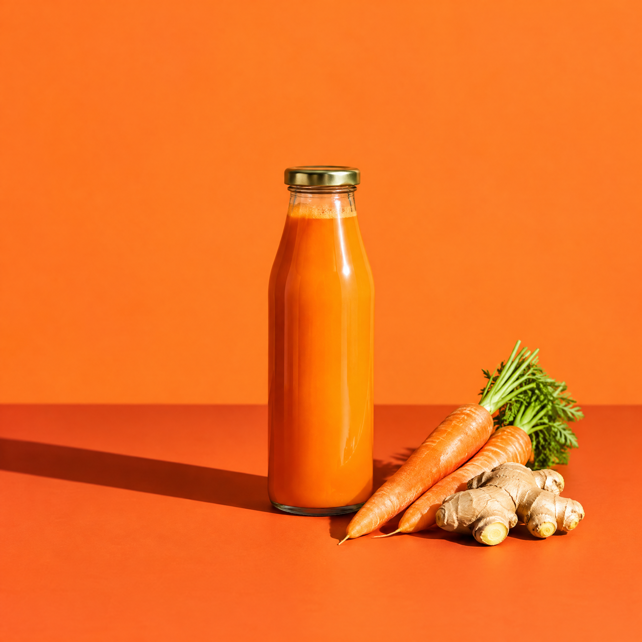 Carrot-ginger juice bottle on a tangerine color-block set with hard sunlight
