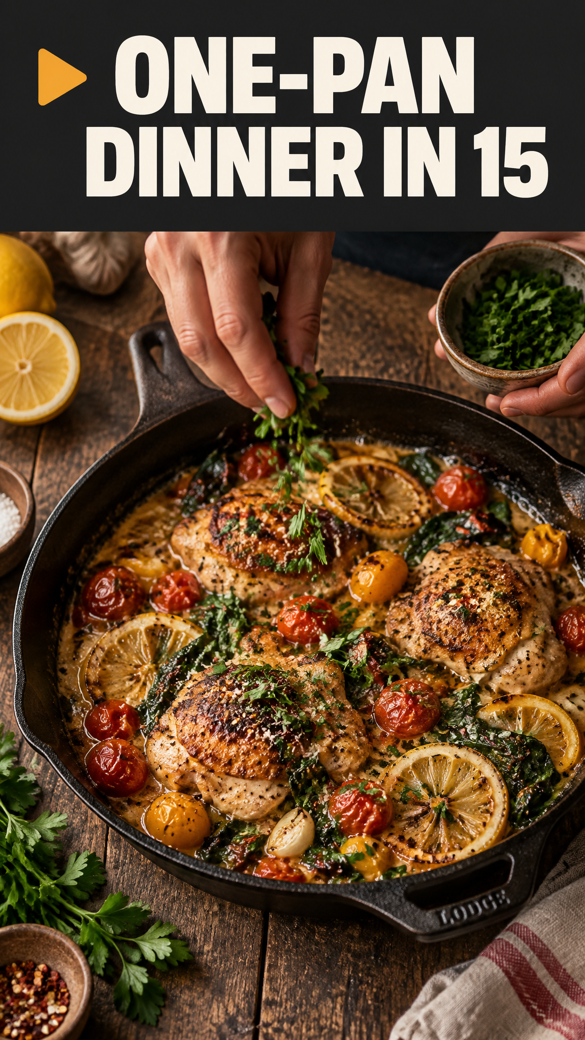 Vertical cooking cover with herbs sprinkled over a cast-iron pan