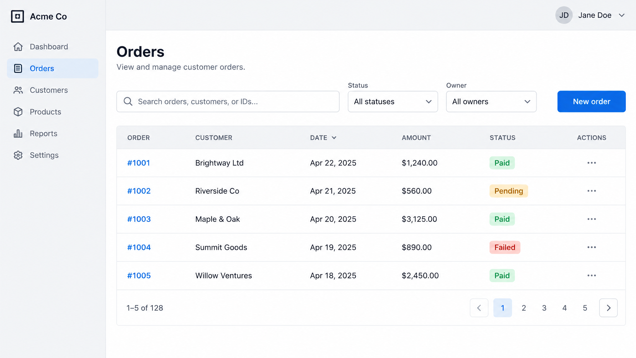 Enterprise data table interface with status chips and filter toolbar