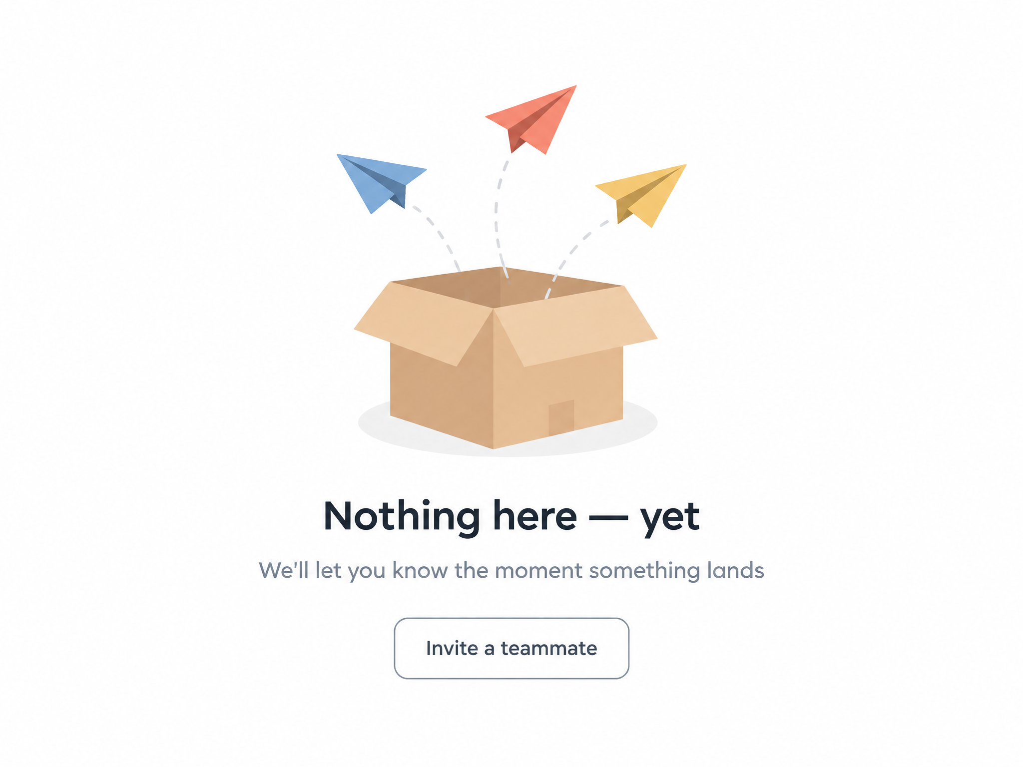 Empty-state card with paper planes flying out of an open box