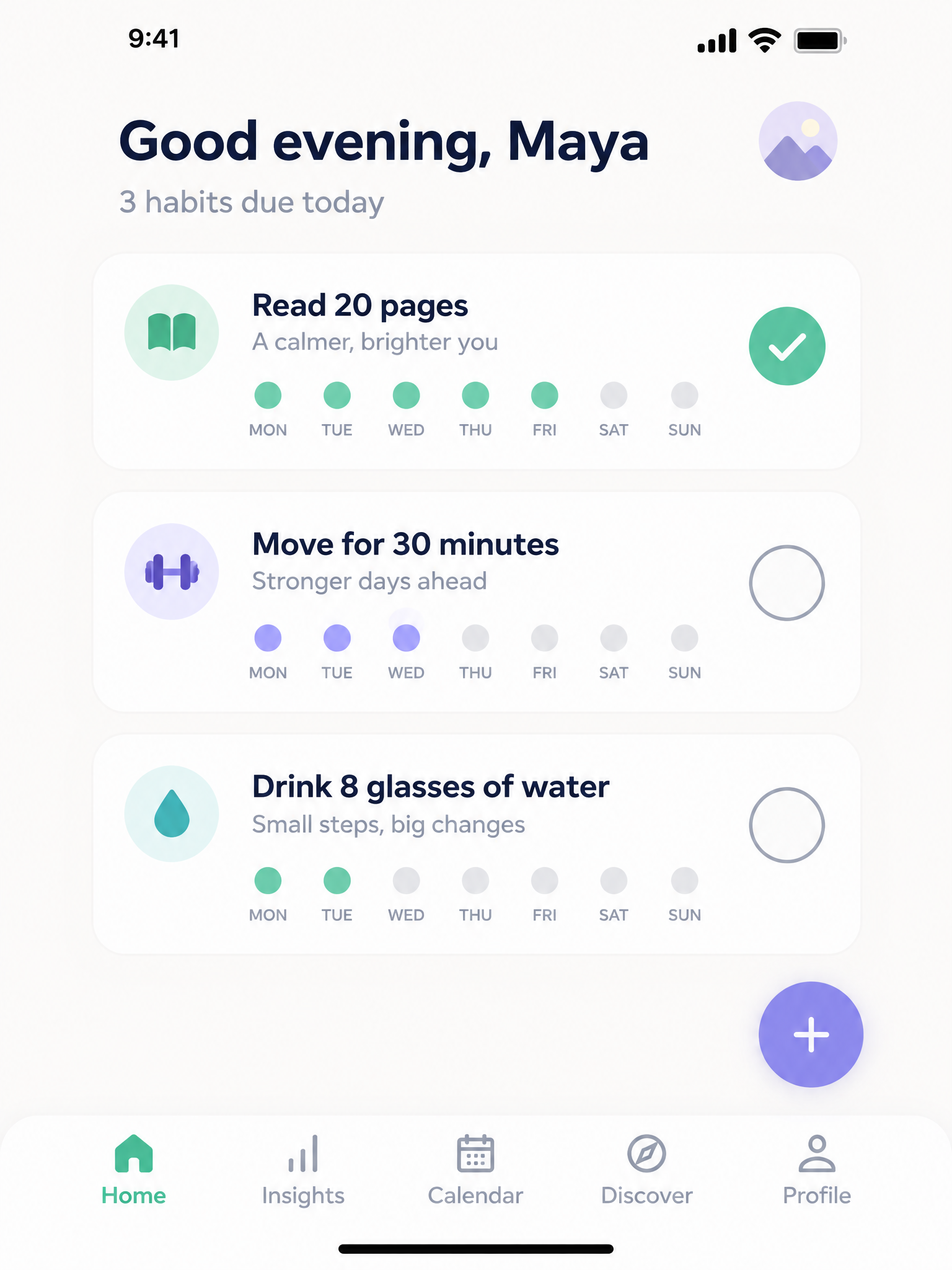 Habit tracker mobile screen with streak dots and a mint green check