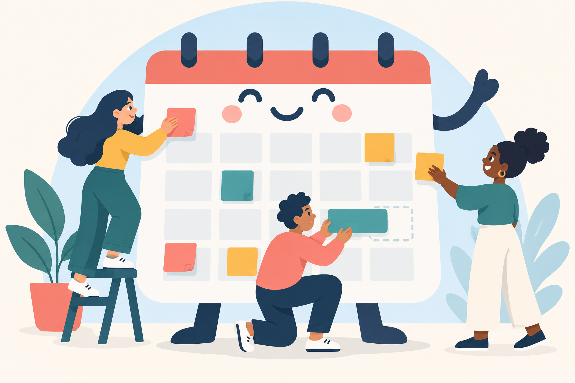 Flat vector onboarding scene of a calendar character with sticky notes